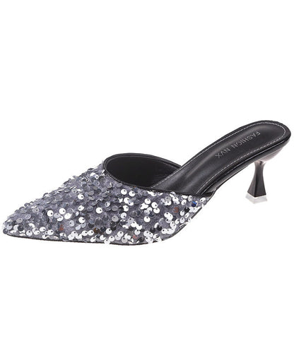 Black Sequins Pointed Toe Kitten Thong Sandals
