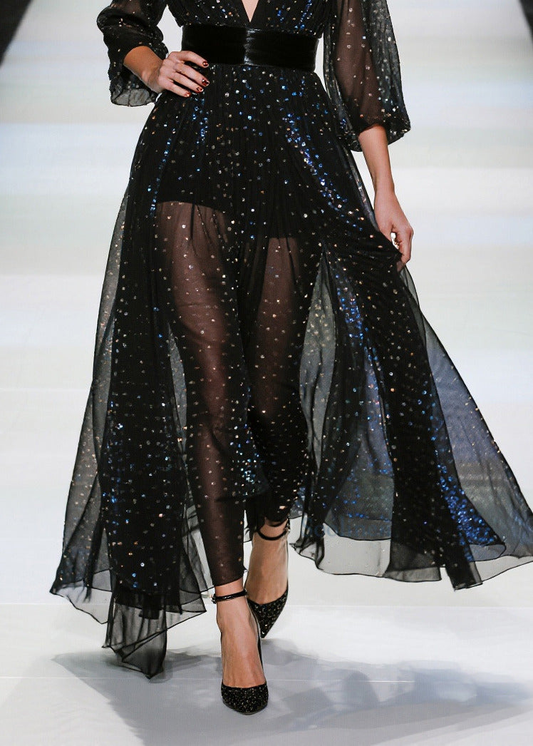 Black Sequins Tunic Tulle Sheer Dresses Summer