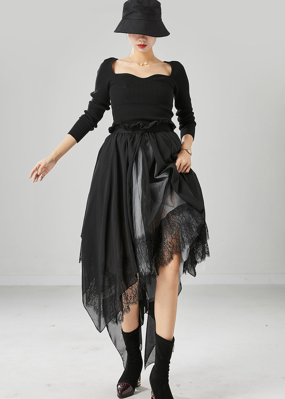 Black Square Collar Asymmetrical Patchwork Exra Large Hem Knit Dress Fall