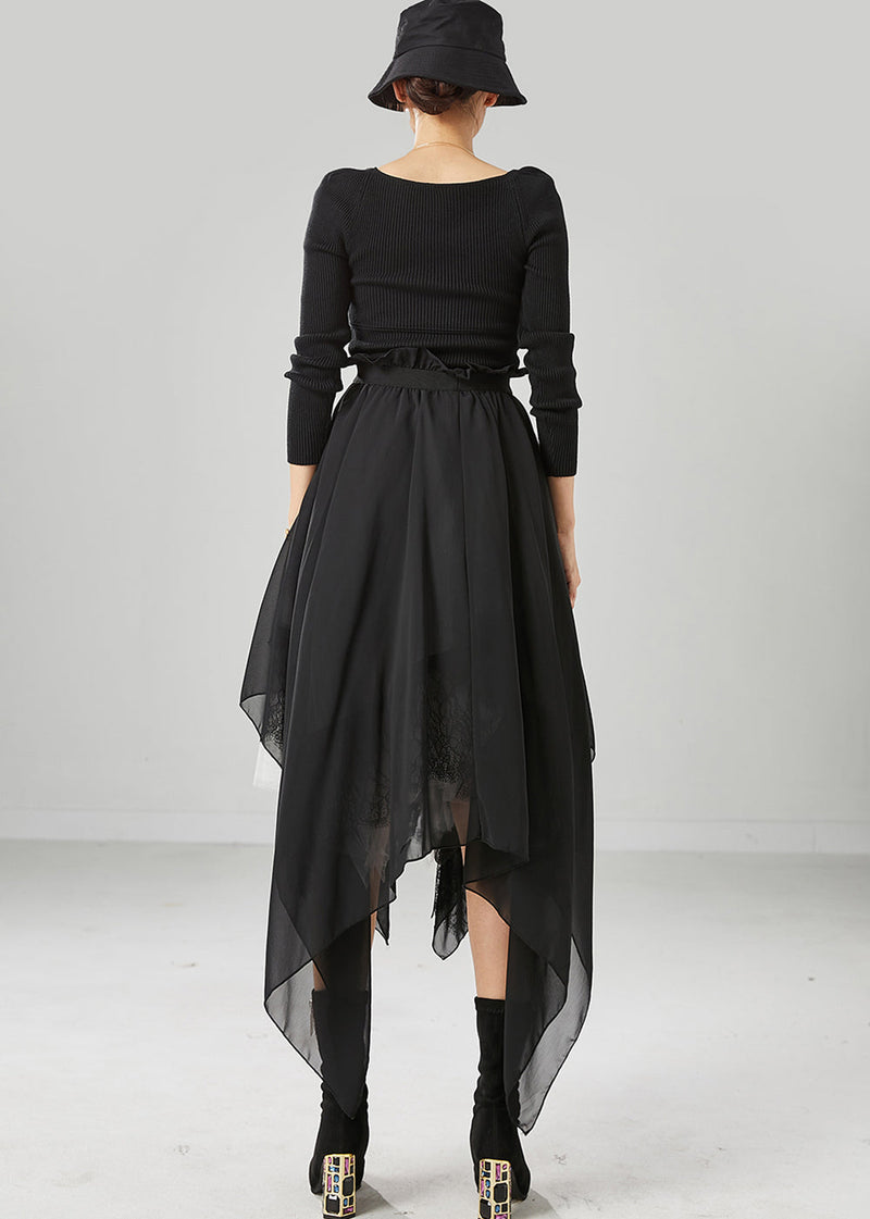 Black Square Collar Asymmetrical Patchwork Exra Large Hem Knit Dress Fall