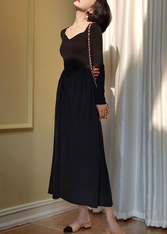 Black Square Collar Patchwork Slim Fit Knit Dress Spring