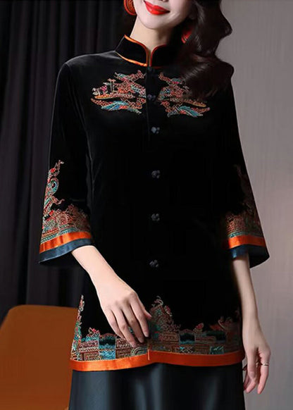 Black Stand Collar Embroidered Button Silk Velour Coats Fall