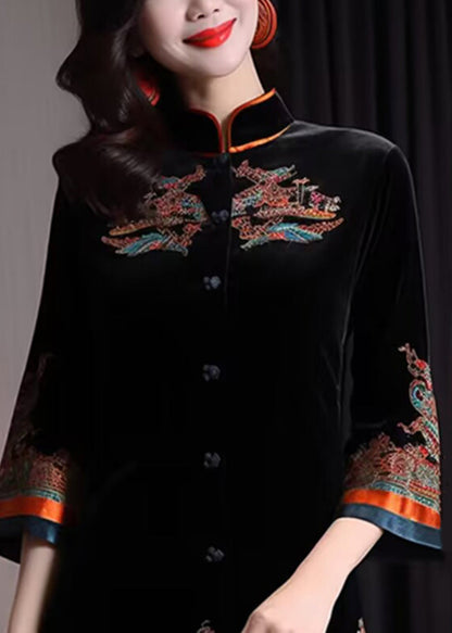 Black Stand Collar Embroidered Button Silk Velour Coats Fall