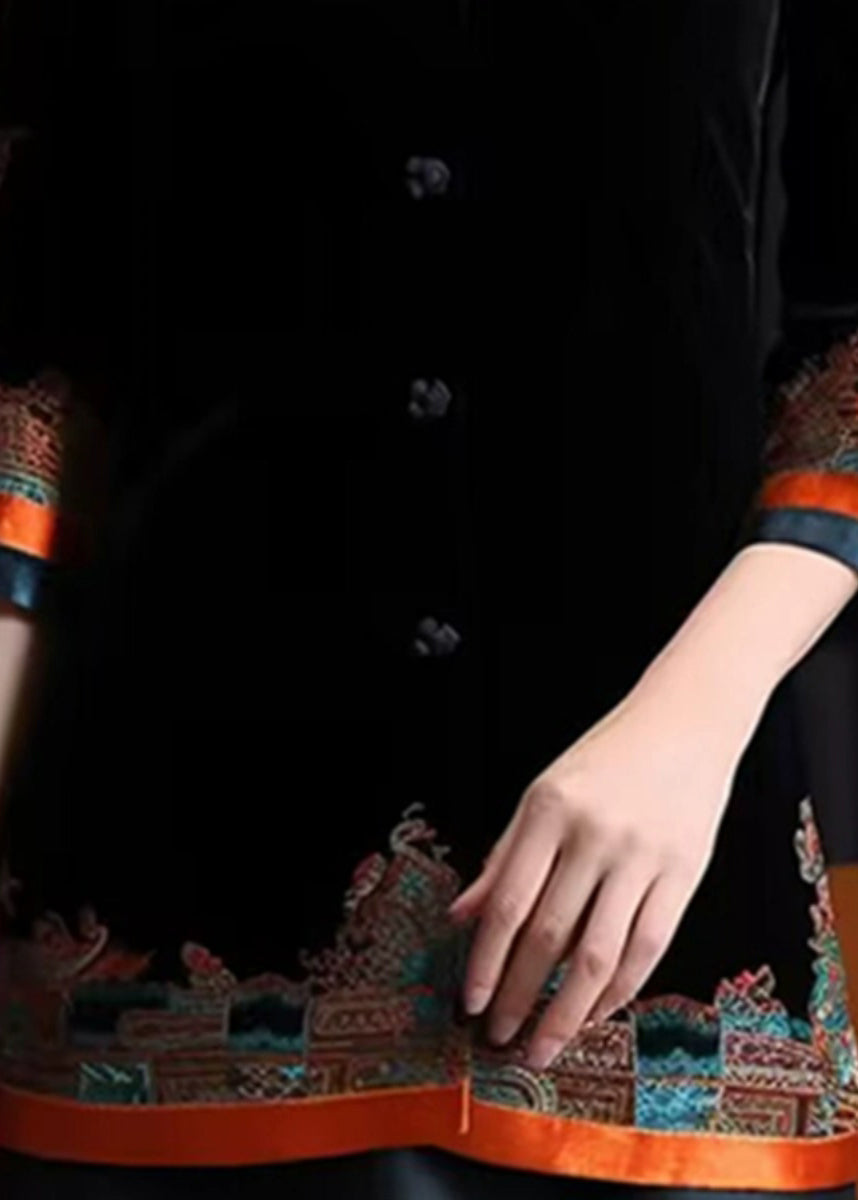 Black Stand Collar Embroidered Button Silk Velour Coats Fall