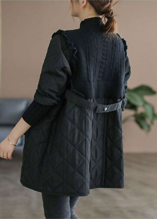 Black Stand Collar Knit Patchwork Fine Cotton Filled Winter Coats
