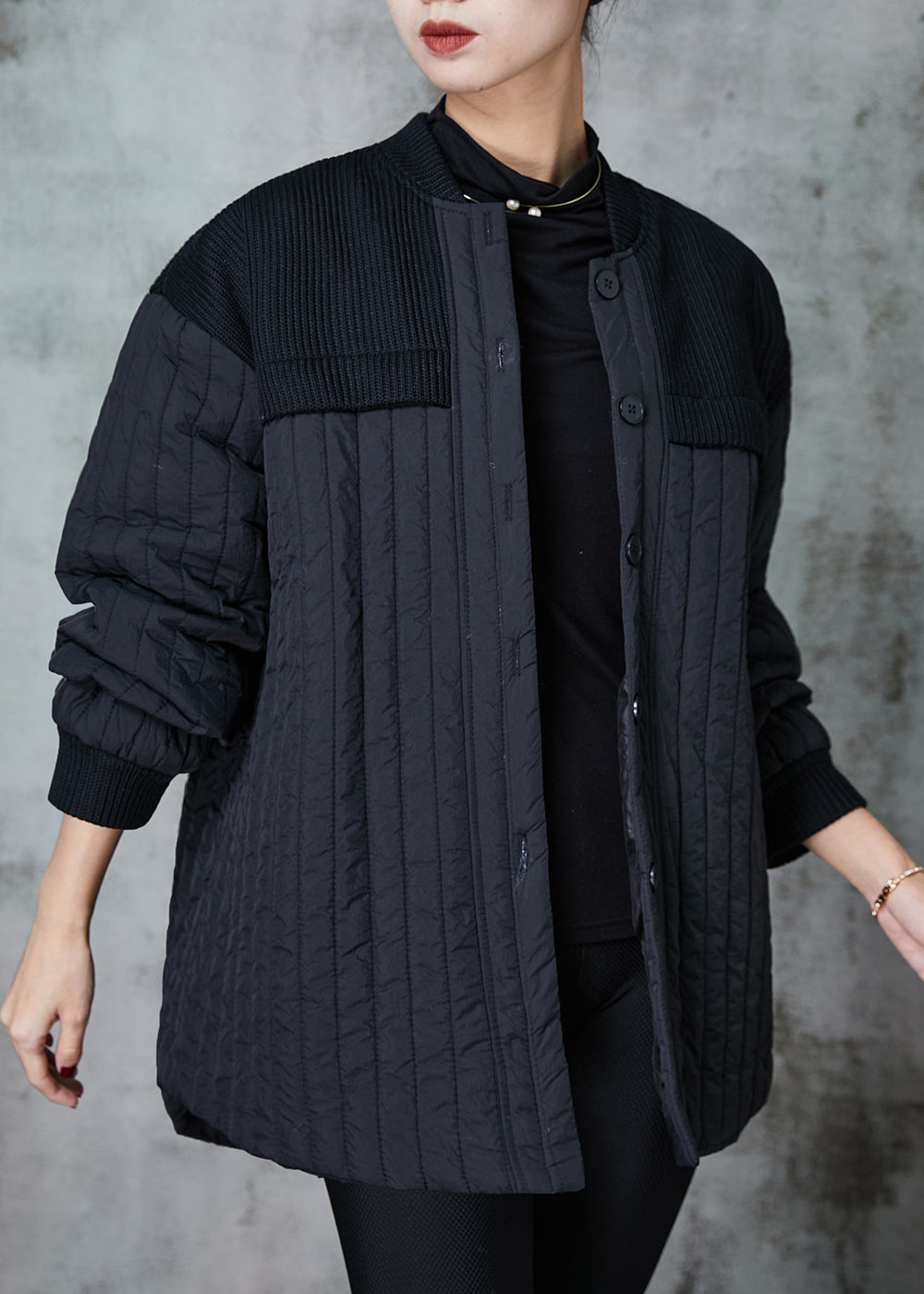 Black Stand Collar Patchwork Fine Cotton Filled Jackets Spring