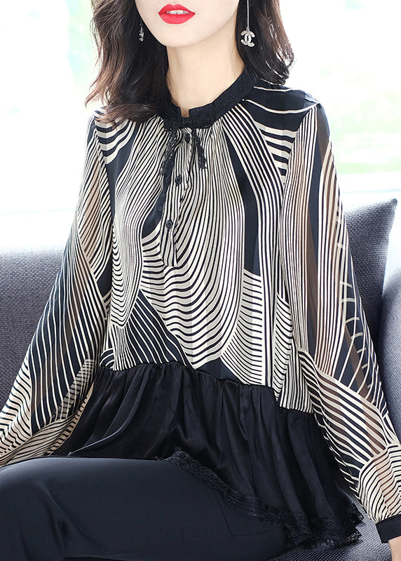 Black Stand Collar Patchwork Striped Button Chiffon Shirts Long Sleeve