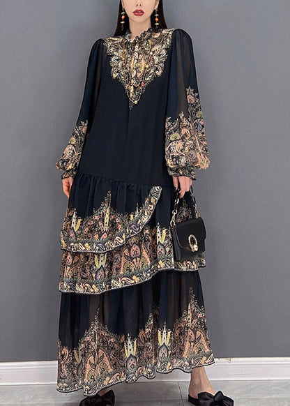 Black Stand Collar Ruffled Layered Print Chiffon Long Dress Lantern Sleeve