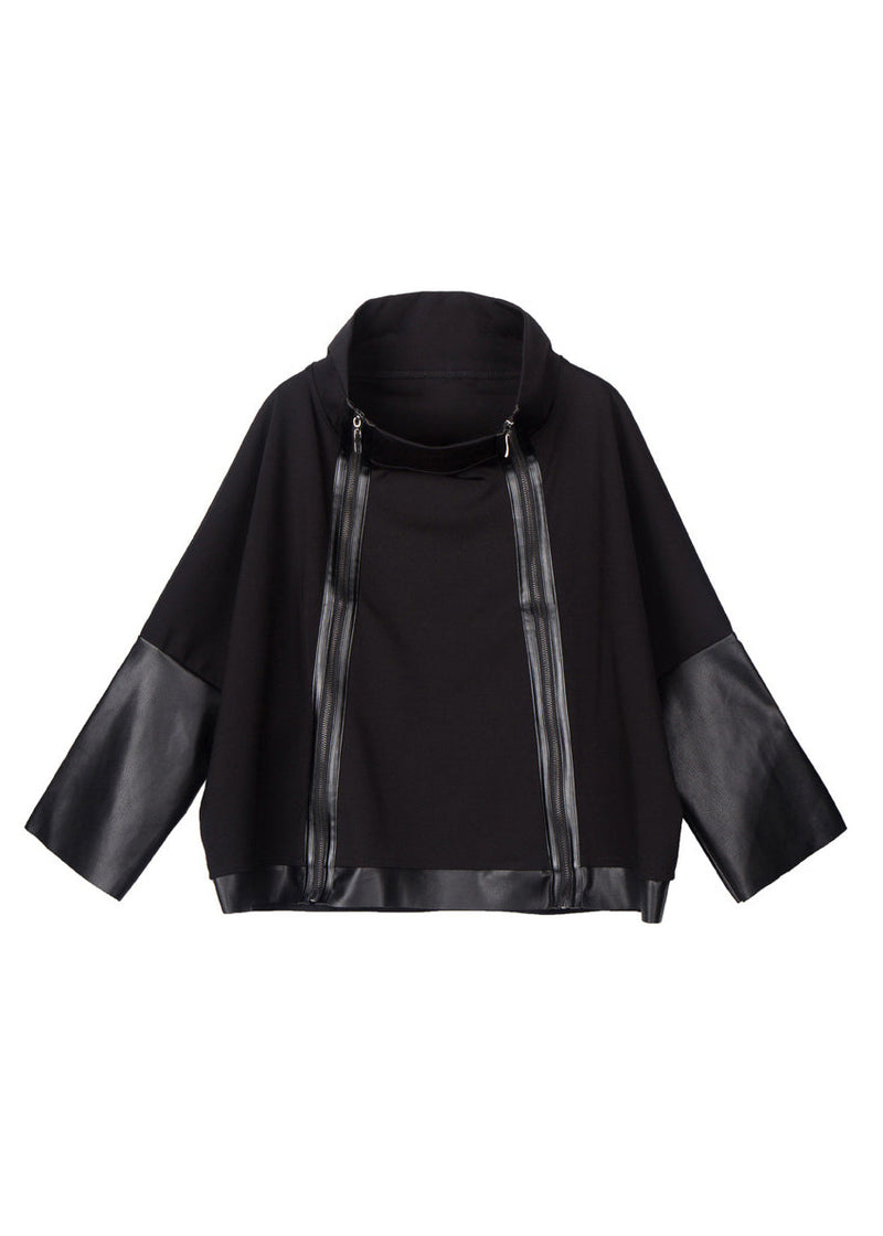 Black Stand Collar Zip Up Faux Leather Patchwork Coat Long Sleeve