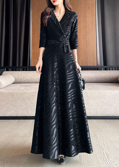 Black Striped Patchwork Tie Waist Silk a Line Long Dresses Half Sleeve