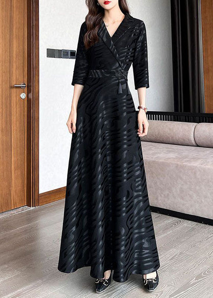 Black Striped Patchwork Tie Waist Silk a Line Long Dresses Half Sleeve