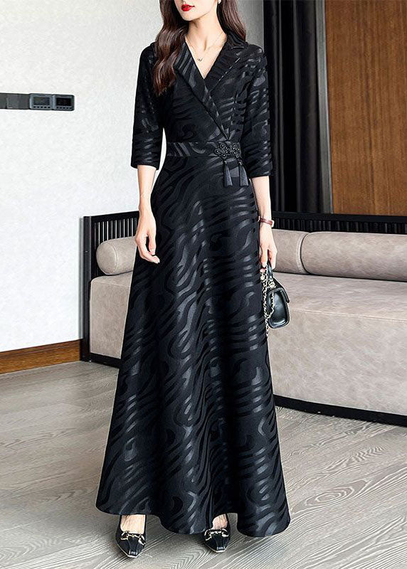 Black Striped Patchwork Tie Waist Silk a Line Long Dresses Half Sleeve