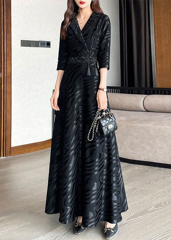 Black Striped Patchwork Tie Waist Silk a Line Long Dresses Half Sleeve