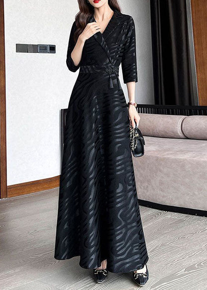 Black Striped Patchwork Tie Waist Silk a Line Long Dresses Half Sleeve