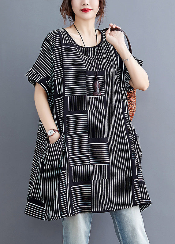 Black Striped Patchworklinen T Shirt Short Sleeve
