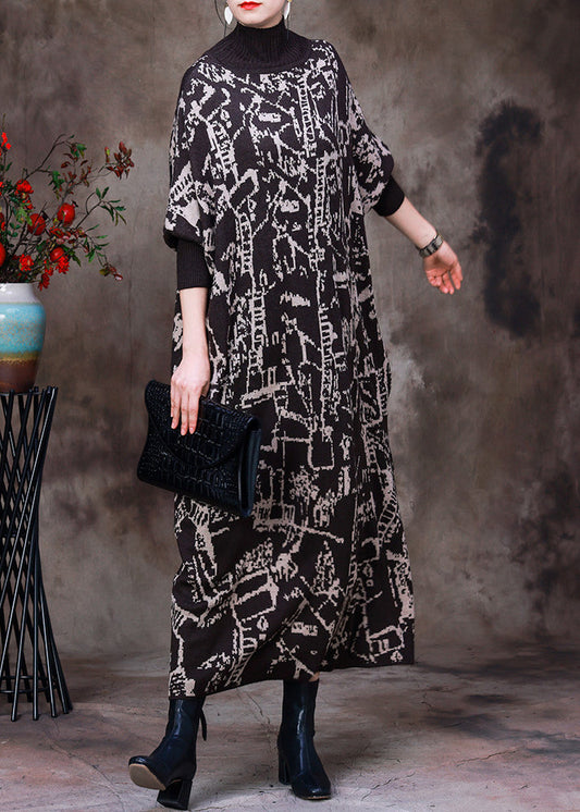 Black Turtleneck Print Knit Patchwork Long Dress Long Sleeve