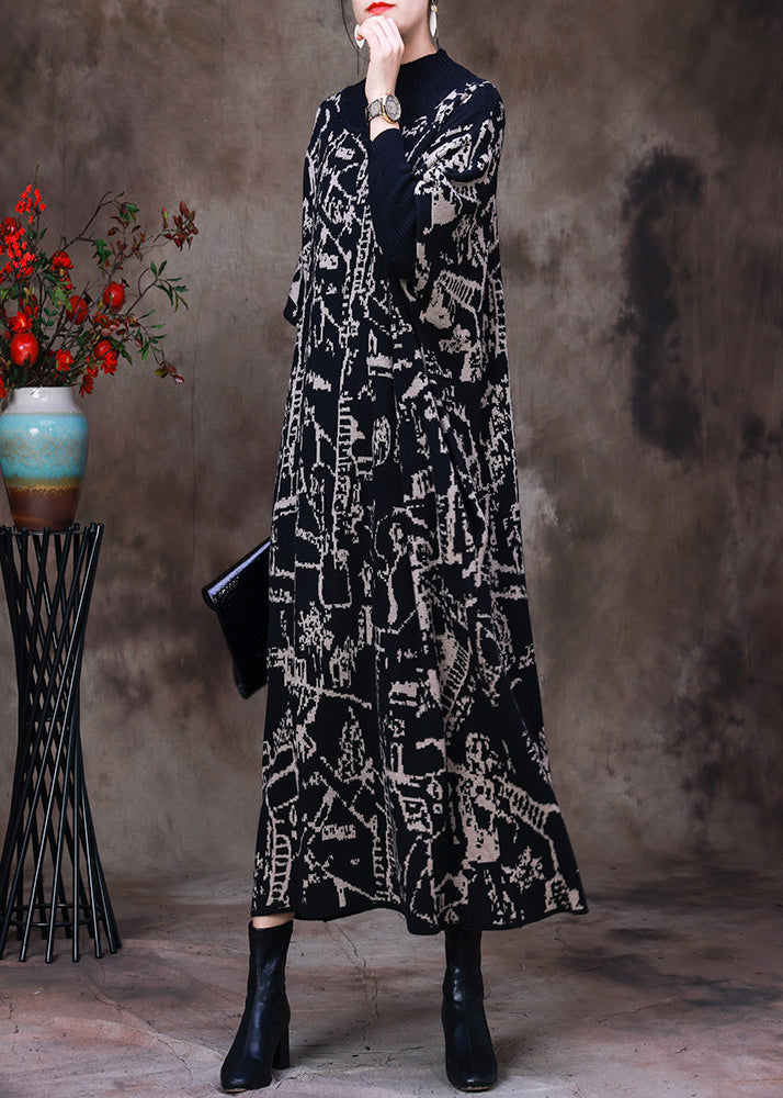 Black Turtleneck Print Knit Patchwork Long Dress Long Sleeve