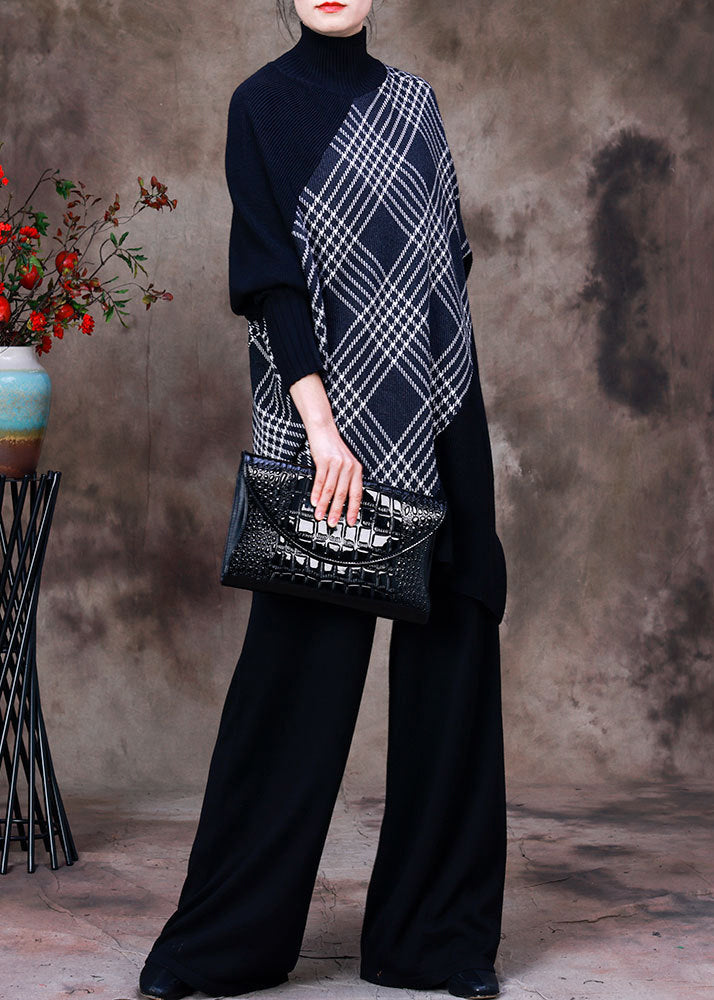 Black Turtleneck Striped Plaid Patchwork Knit Sweaters and Wide Leg Pants Two Piece Set Fall
