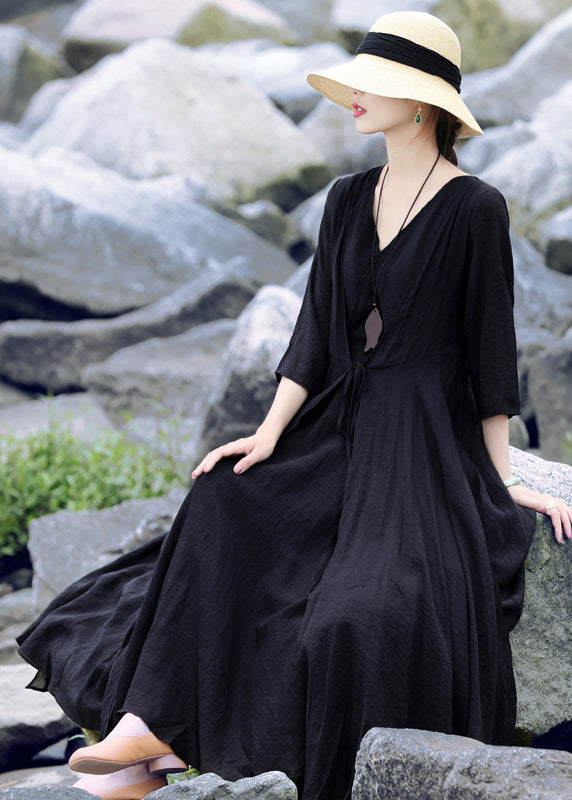 Black V Neck Asymmetrical Design Maxi Dresses Summer
