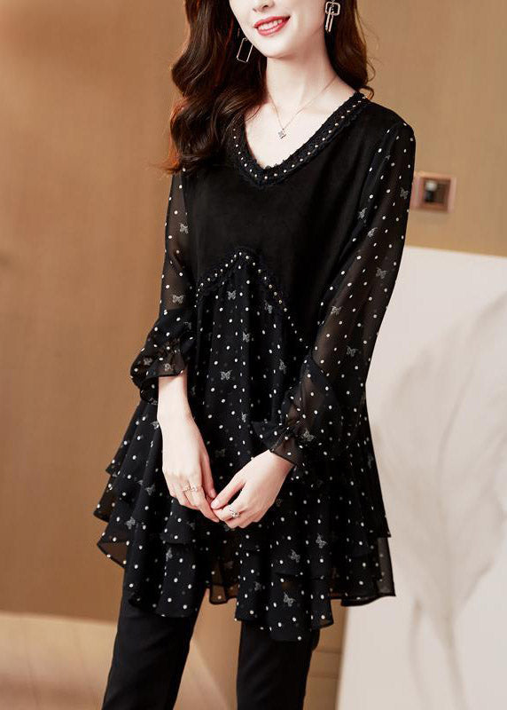 Beautiful Black V Neck Dot Patchwork layered design Chiffon Tops Long sleeve