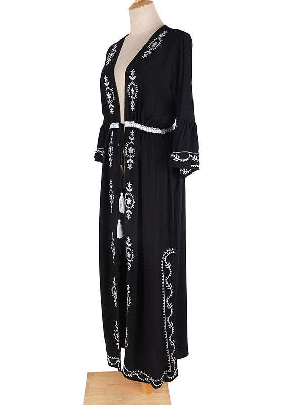 Black V Neck Embroider Tie Waist Side Open Holiday Long Smock Long Sleeve