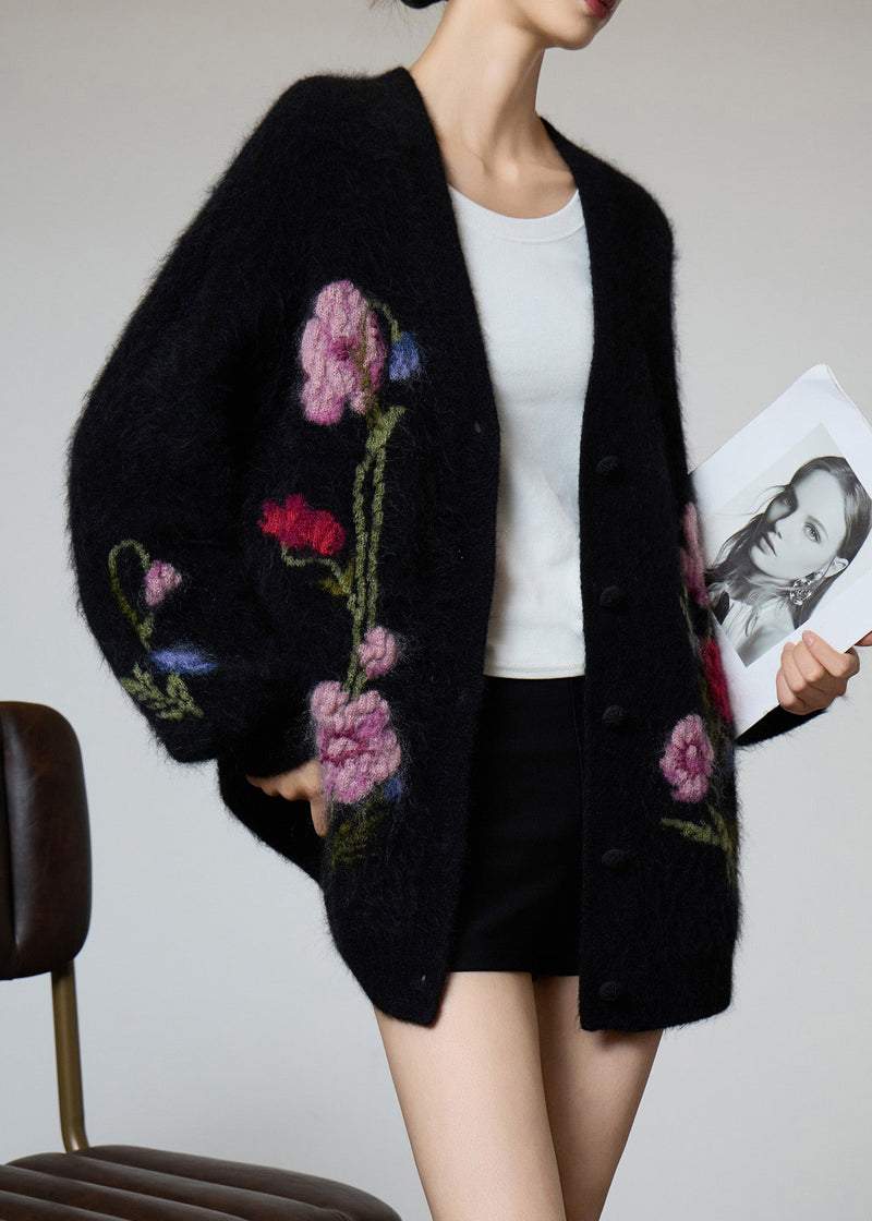 Black V Neck Embroidered Knit Coat Spring