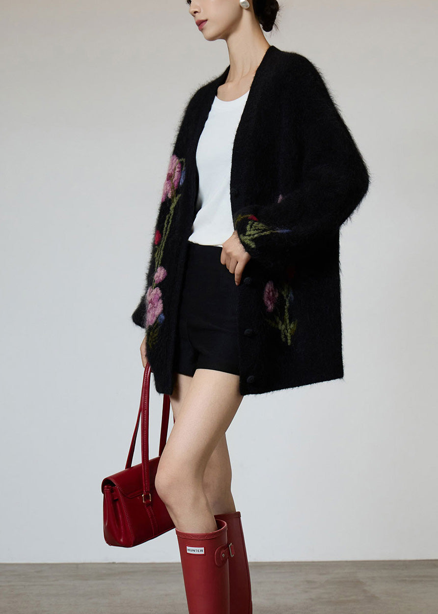 Black V Neck Embroidered Knit Coat Spring