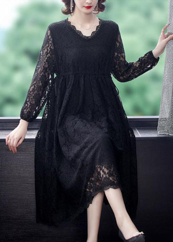Black V Neck Hollow Out Exra Large Hem Lace Maxi Dresses Spring