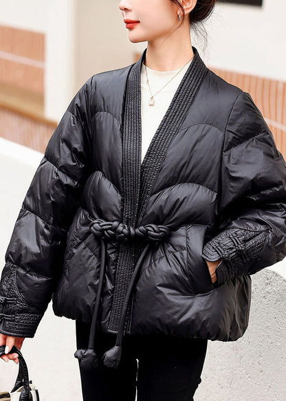 Black V Neck Oriental Button Original Design Duck Down Down Coats Winter