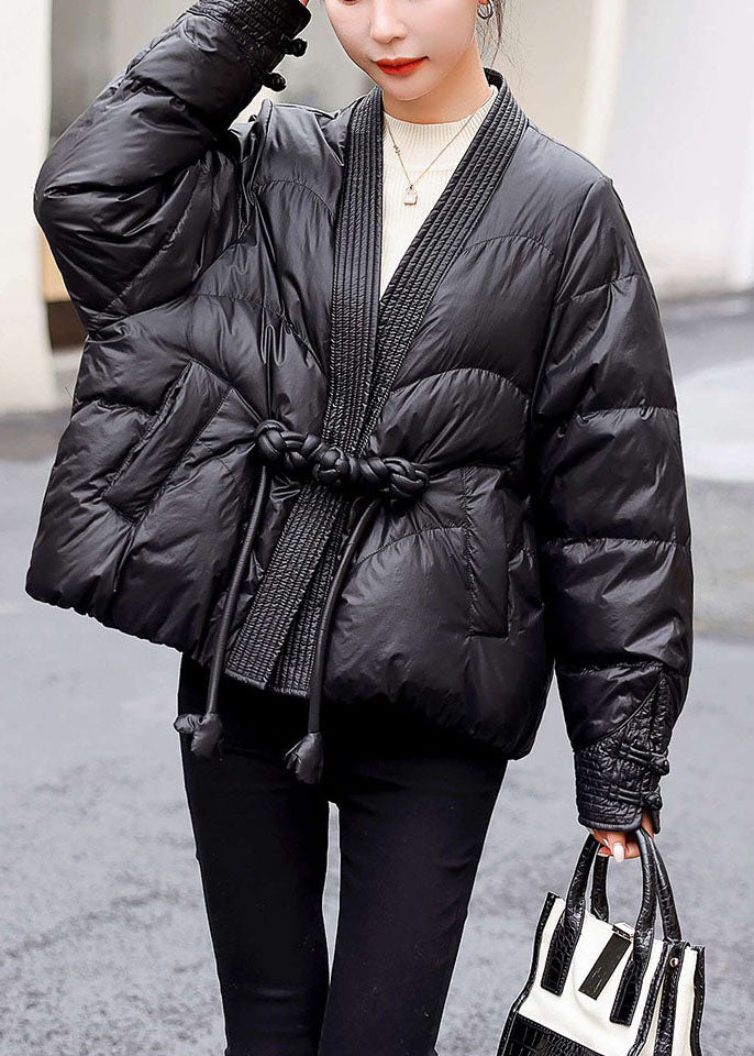 Black V Neck Oriental Button Original Design Duck Down Down Coats Winter