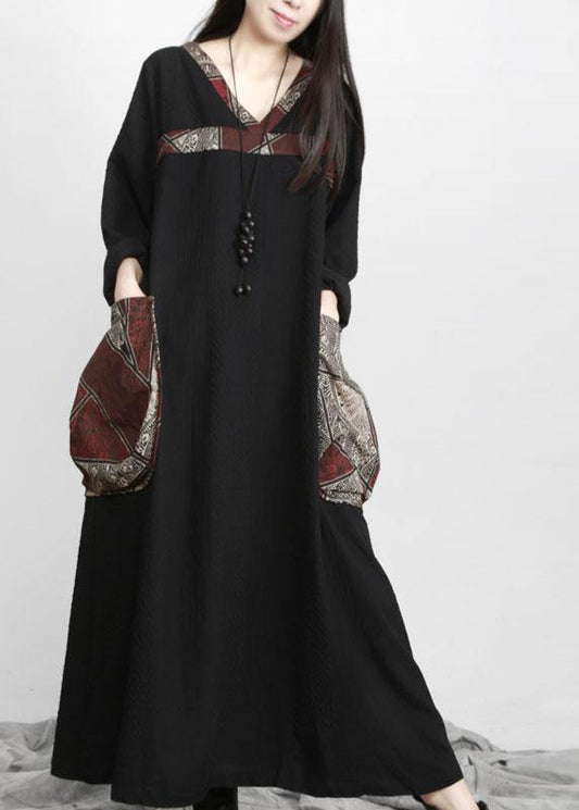Black V Neck Patchwork Print Pockets Dress Fall
