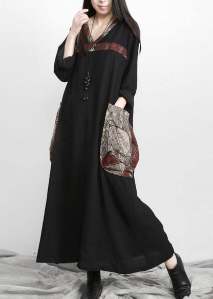 Black V Neck Patchwork Print Pockets Dress Fall