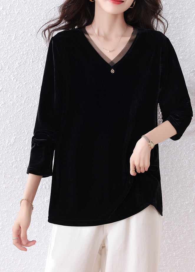Black V Neck Patchwork Silk Velour Shirt Tops Fall