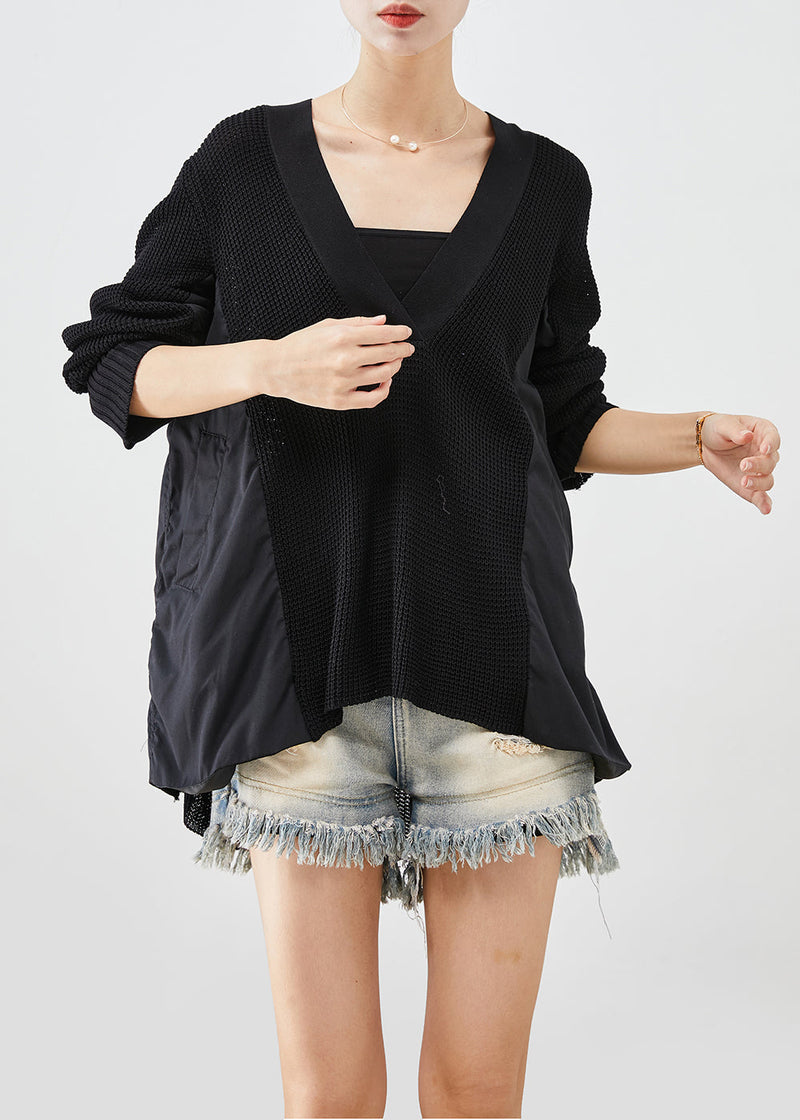 Black V Neck Patchwork Wrinkled Knit Tops Batwing Sleeve
