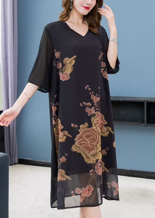 Black V Neck Print Patchwork Chiffon Dress Summer