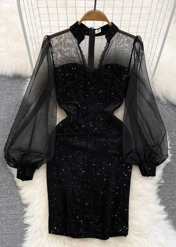 Black V Neck Sequins Patchwork Tulle Tunic Mid Dress Lantern Sleeve