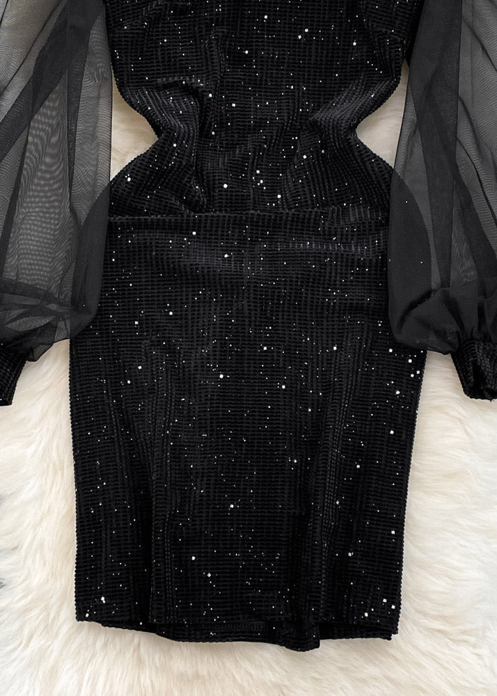 Black V Neck Sequins Patchwork Tulle Tunic Mid Dress Lantern Sleeve
