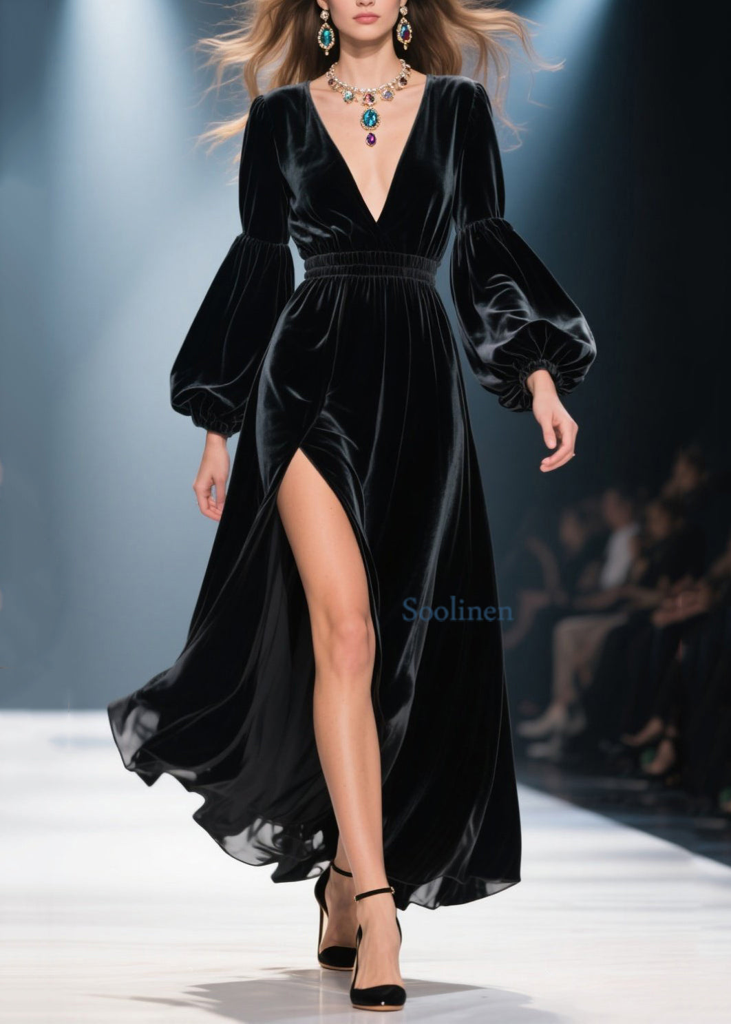 Black V Neck Side Open Velvet Long Dress Spring