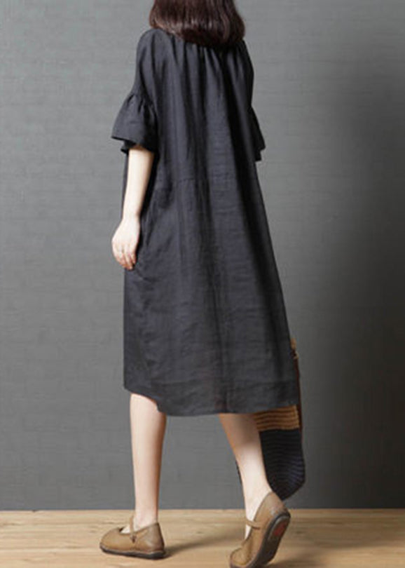Black V Neck Asymmetrical Design Dress Flare Sleeve