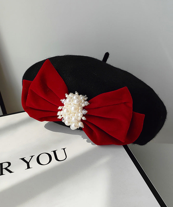 Black Velvet Bow Nail Bead Woolen Breton Hat