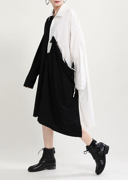 Black White Patchwork Asymmetrical Design Fall Dress Long Sleeve