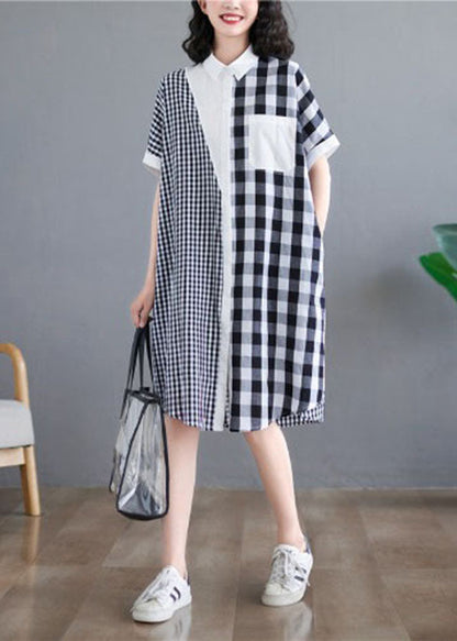 Black White Plaid Peter Pan Collar Asymmetrical Design Patchwork Cotton Shirt Dress Short Sleeve