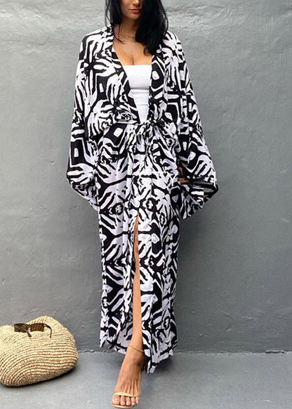 Black White V Neck Print Tie Waist Long Holiday Cardigans Summer