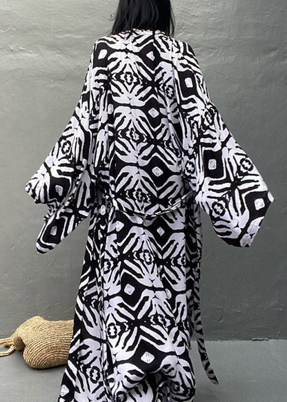 Black White V Neck Print Tie Waist Long Holiday Cardigans Summer