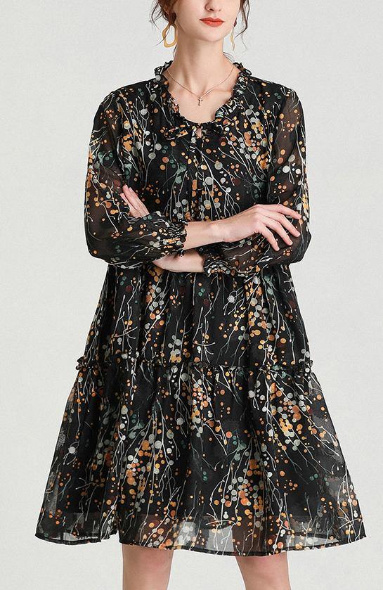 Black Yellow Print Bow Party Summer Chiffon Dress