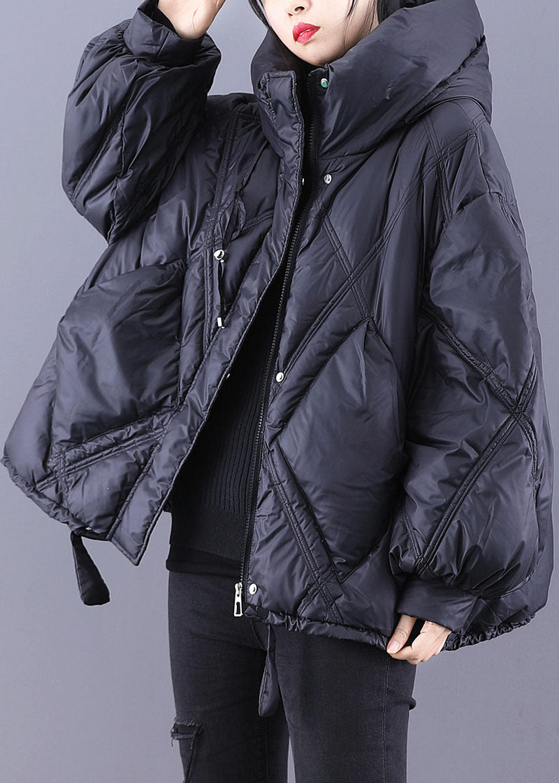 Black Hooded Loose Zippered Warm Winter Duck Down Jacket