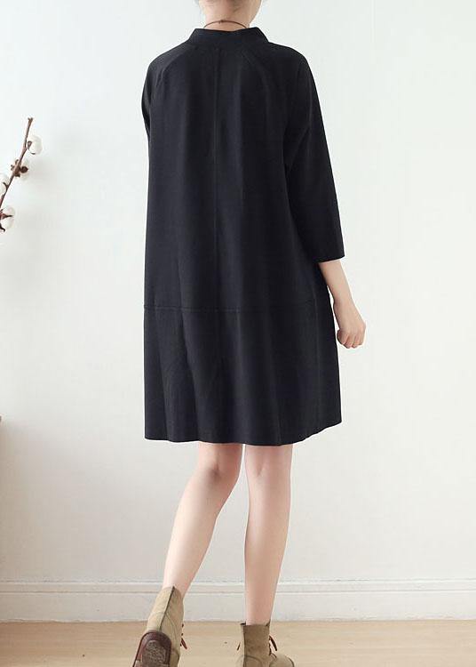 Black Zippered Cotton Long Sleeve Pockets Fall Dress