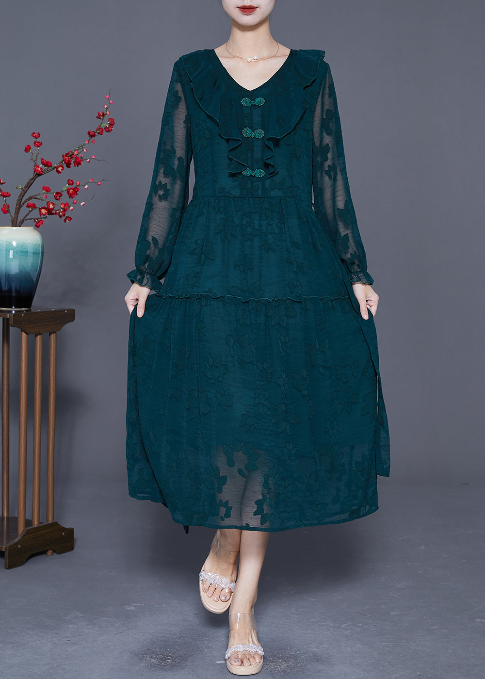 Blackish Green Ruffled Patchwork Silk Maxi Dress Summer