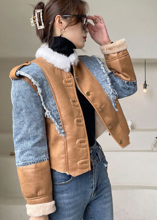 Blue Asymmetrical Denim Patchwork Jackets Winter