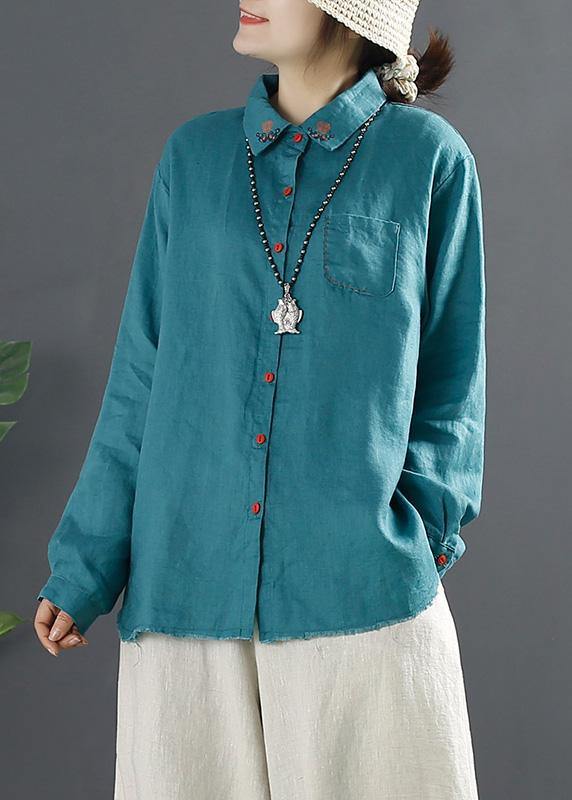Blue Blouses for Lapel Embroidery Baggy Blouse